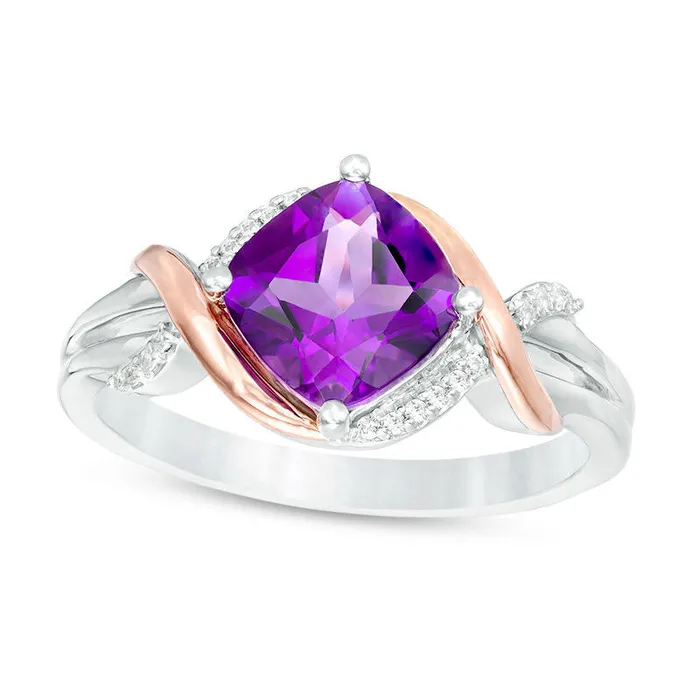 Goldia 70mm CushionCut Amethyst and 004004 CT TW Natural Diamond Overlay Frame Ring in Sterling Silver and Solid 10K Rose Gold Rings Goldia 70mm CushionCut Amethyst and 004004 CT TW Natural Diamond Overlay Frame Ring in Sterling Silver and Solid 10K Rose Gold Rings