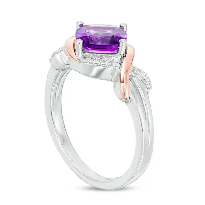 Goldia 70mm CushionCut Amethyst and 004004 CT TW Natural Diamond Overlay Frame Ring in Sterling Silver and Solid 10K Rose Gold Rings Goldia 70mm CushionCut Amethyst and 004004 CT TW Natural Diamond Overlay Frame Ring in Sterling Silver and Solid 10K Rose Gold Rings