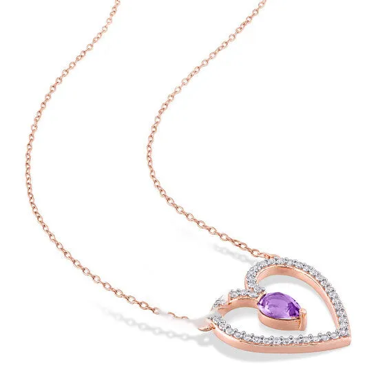 Original AMOUR 1 18 CT TGW Amethyst and White Topaz Open Heart Pendant with Chain In Rose Plated Sterling Silver JMS always Necklaces Original AMOUR 1 18 CT TGW Amethyst and White Topaz Open Heart Pendant with Chain In Rose Plated Sterling Silver JMS always Necklaces