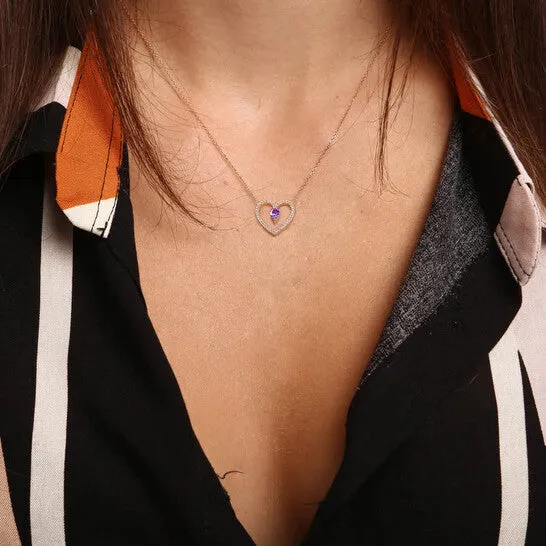 Original AMOUR 1 18 CT TGW Amethyst and White Topaz Open Heart Pendant with Chain In Rose Plated Sterling Silver JMS always Necklaces Original AMOUR 1 18 CT TGW Amethyst and White Topaz Open Heart Pendant with Chain In Rose Plated Sterling Silver JMS always Necklaces