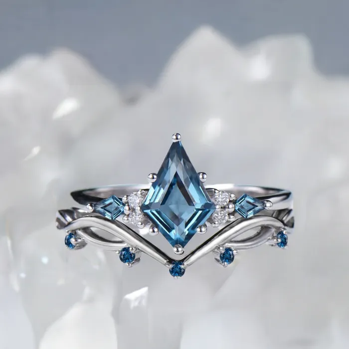PENFINE Rings Vintage London blue topaz engagement ring kite cut 14k white gold seven stone topaz wedding ring elegant anniversary promise ring for women PENFINE Rings Vintage London blue topaz engagement ring kite cut 14k white gold seven stone topaz wedding ring elegant anniversary promise ring for women
