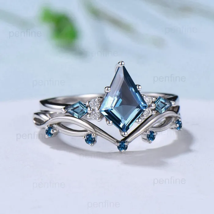 PENFINE Rings Vintage London blue topaz engagement ring kite cut 14k white gold seven stone topaz wedding ring elegant anniversary promise ring for women PENFINE Rings Vintage London blue topaz engagement ring kite cut 14k white gold seven stone topaz wedding ring elegant anniversary promise ring for women