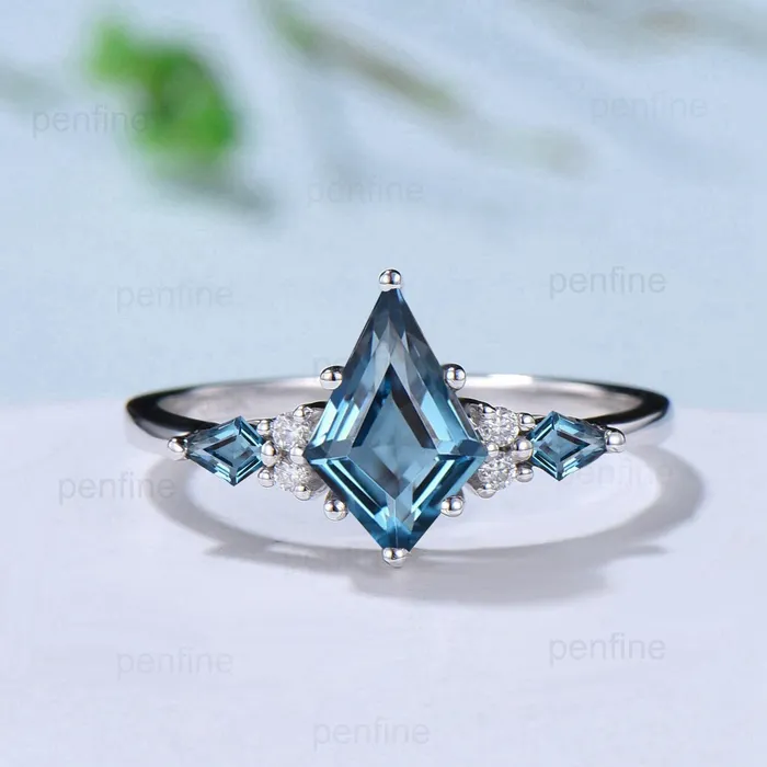 PENFINE Rings Vintage London blue topaz engagement ring kite cut 14k white gold seven stone topaz wedding ring elegant anniversary promise ring for women PENFINE Rings Vintage London blue topaz engagement ring kite cut 14k white gold seven stone topaz wedding ring elegant anniversary promise ring for women