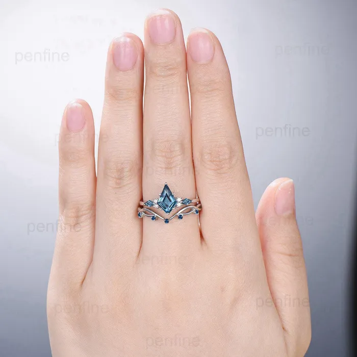 PENFINE Rings Vintage London blue topaz engagement ring kite cut 14k white gold seven stone topaz wedding ring elegant anniversary promise ring for women PENFINE Rings Vintage London blue topaz engagement ring kite cut 14k white gold seven stone topaz wedding ring elegant anniversary promise ring for women