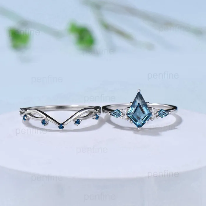 PENFINE Rings Vintage London blue topaz engagement ring kite cut 14k white gold seven stone topaz wedding ring elegant anniversary promise ring for women PENFINE Rings Vintage London blue topaz engagement ring kite cut 14k white gold seven stone topaz wedding ring elegant anniversary promise ring for women