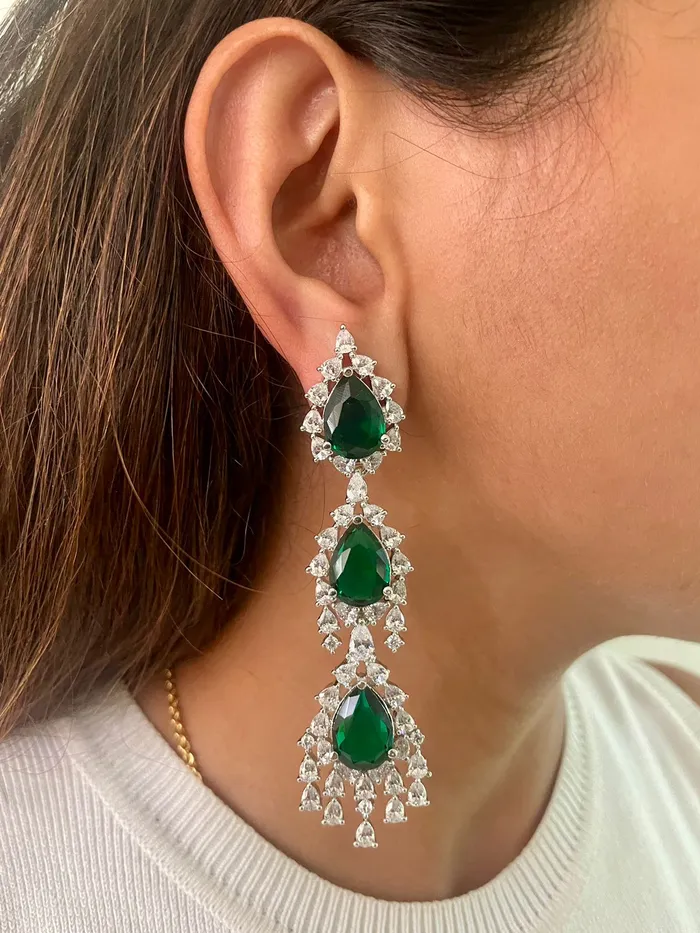 PRERTO ECOMMERCE PRIVATE LIMITED Necklaces 3 Layer Dimonte Emerald Tear Drop Necklace Set Necklace Earrings