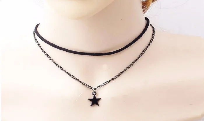 Leather Rop Star Double Chain Pendant Collar Necklace sparklingselections Necklaces Leather Rop Star Double Chain Pendant Collar Necklace sparklingselections Necklaces