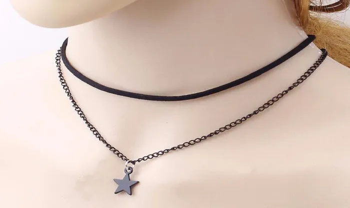 Leather Rop Star Double Chain Pendant Collar Necklace sparklingselections Necklaces Leather Rop Star Double Chain Pendant Collar Necklace sparklingselections Necklaces