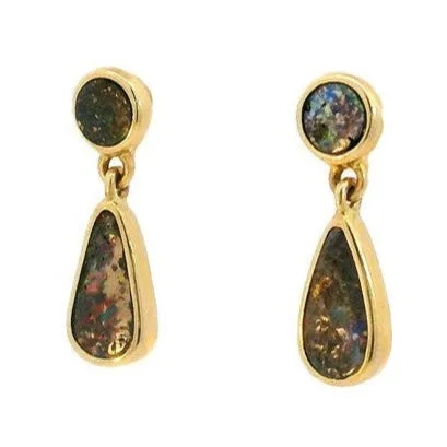 Australian Opal Cutters Earrings Australian Opal Boulder Earrings set in 14K Yellow Gold