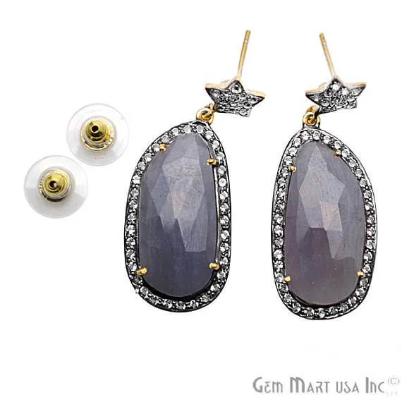 Blue Sapphire With Cubic Zirconia Pave Diamond 43x16mmGold Vermeil Dangle Drop Stud Earring GemMartUSA Earrings Blue Sapphire With Cubic Zirconia Pave Diamond 43x16mmGold Vermeil Dangle Drop Stud Earring GemMartUSA Earrings