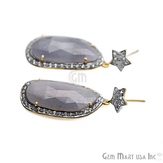 Blue Sapphire With Cubic Zirconia Pave Diamond 43x16mmGold Vermeil Dangle Drop Stud Earring GemMartUSA Earrings