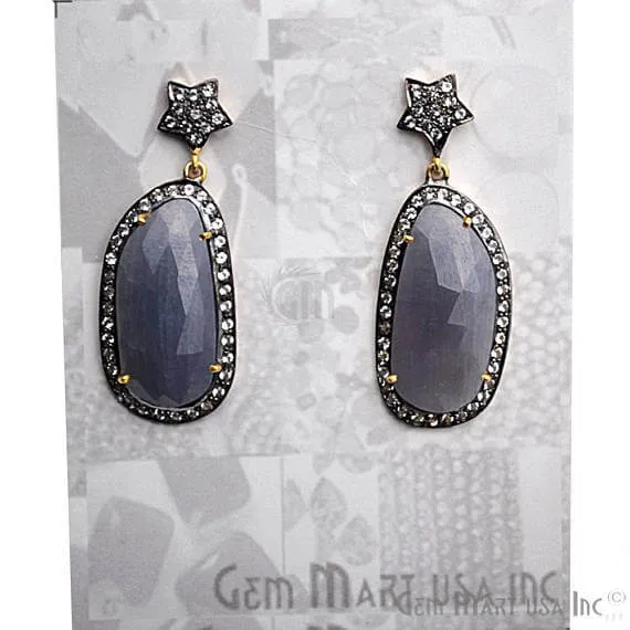 Blue Sapphire With Cubic Zirconia Pave Diamond 43x16mmGold Vermeil Dangle Drop Stud Earring GemMartUSA Earrings