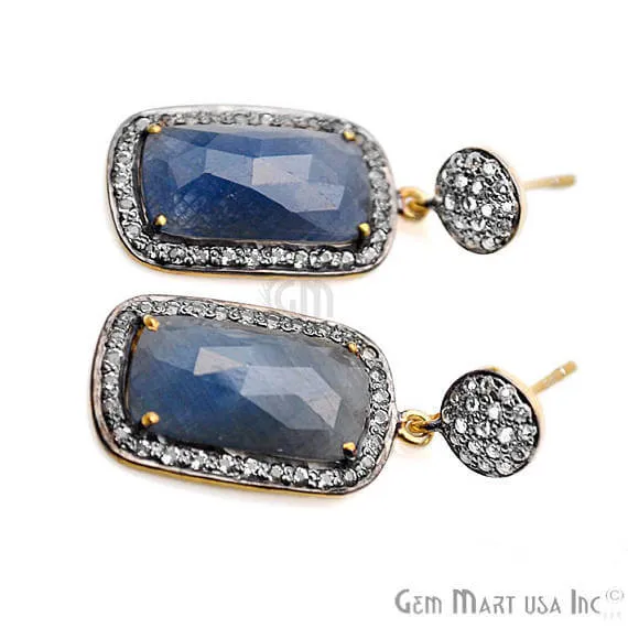 Earrings Blue Sapphire With Cubic Zirconia Pave Diamond 36x15mmGold Vermeil Dangle Drop Stud Earring GemMartUSA