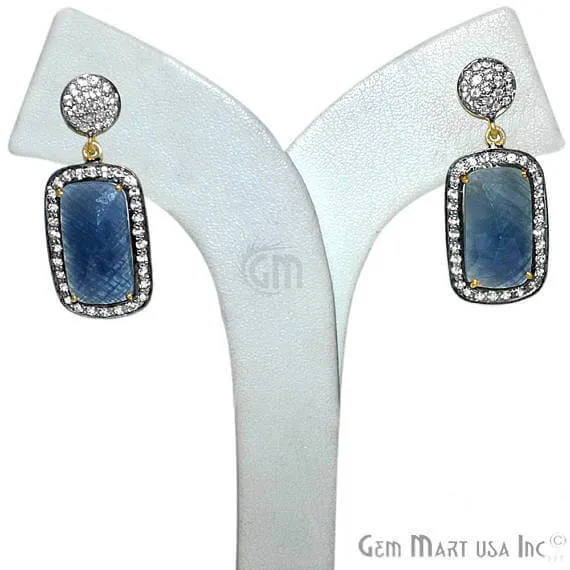 Earrings Blue Sapphire With Cubic Zirconia Pave Diamond 36x15mmGold Vermeil Dangle Drop Stud Earring GemMartUSA