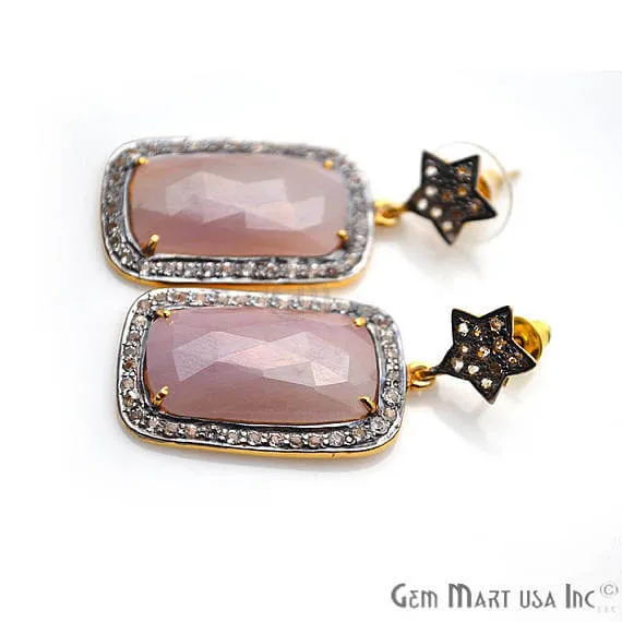 Earrings Pink Sapphire With Cubic Zirconia Pave Diamond 40x18mmGold Vermeil Dangle Drop Stud Earring GemMartUSA