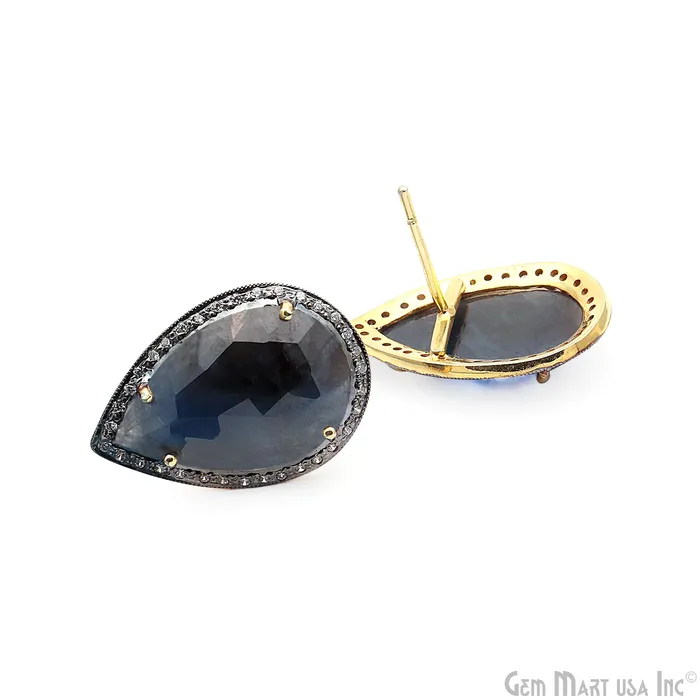 GemMartUSA Earrings Sapphire With Cubic Zircon Pave 25x17mm Gold Vermeil Stud Earring