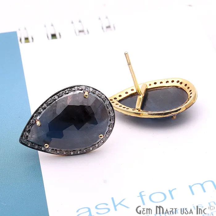 GemMartUSA Earrings Sapphire With Cubic Zircon Pave 25x17mm Gold Vermeil Stud Earring
