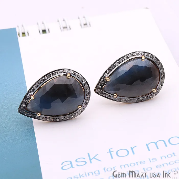 GemMartUSA Earrings Sapphire With Cubic Zircon Pave 25x17mm Gold Vermeil Stud Earring