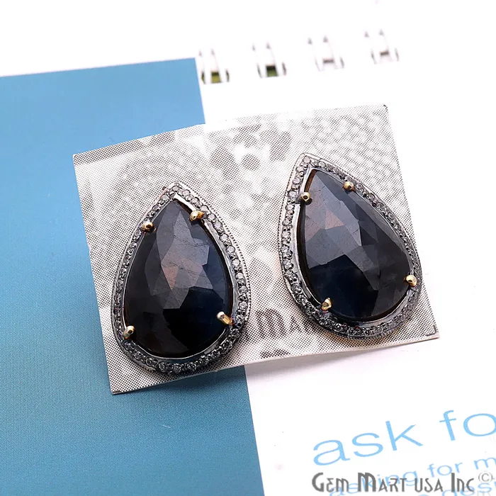 GemMartUSA Earrings Sapphire With Cubic Zircon Pave 25x17mm Gold Vermeil Stud Earring
