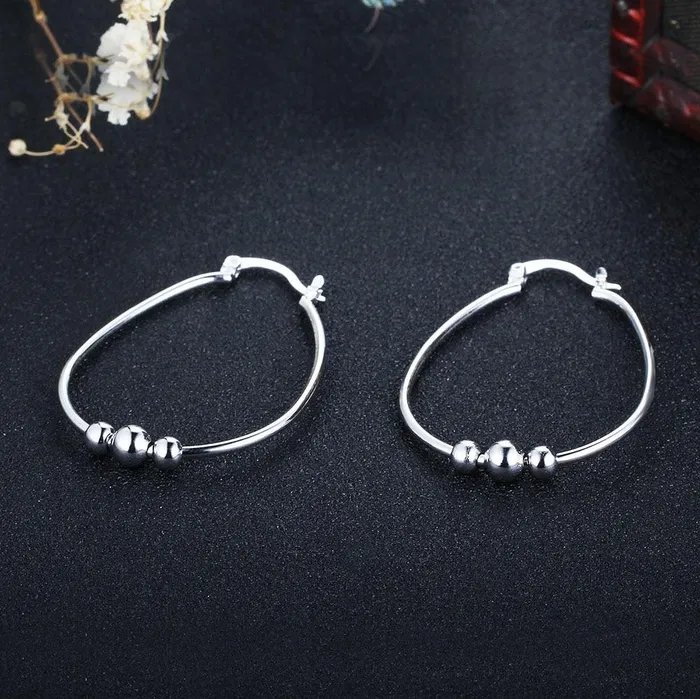 Sterling Silver Earrings Women Fashion Jewelry Rhodium Plated Big Circle with Sliding Bead Hoop Earrings customjewelryan Earrings